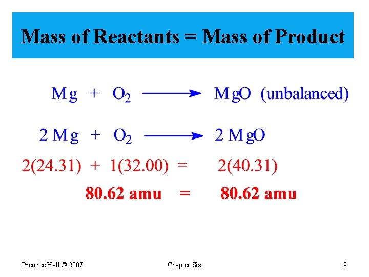 Mass of Reactants = Mass of Product Prentice Hall © 2007 Chapter Six 9