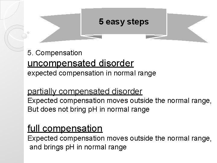 5 easy steps 5. Compensation uncompensated disorder expected compensation in normal range partially compensated