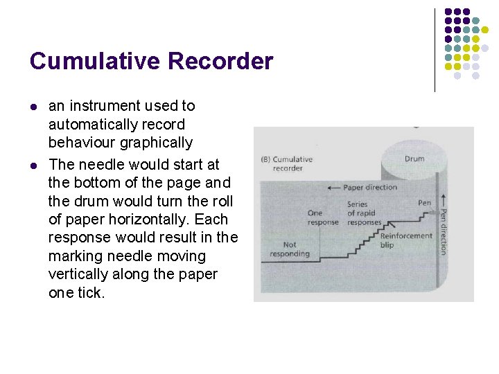 Cumulative Recorder l l an instrument used to automatically record behaviour graphically The needle