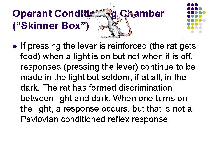 Operant Conditioning Chamber (“Skinner Box”) l If pressing the lever is reinforced (the rat