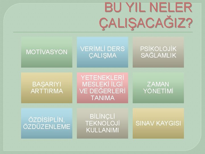 BU YIL NELER ÇALIŞACAĞIZ? MOTİVASYON VERİMLİ DERS ÇALIŞMA PSİKOLOJİK SAĞLAMLIK BAŞARIYI ARTTIRMA YETENEKLERİ MESLEKİ