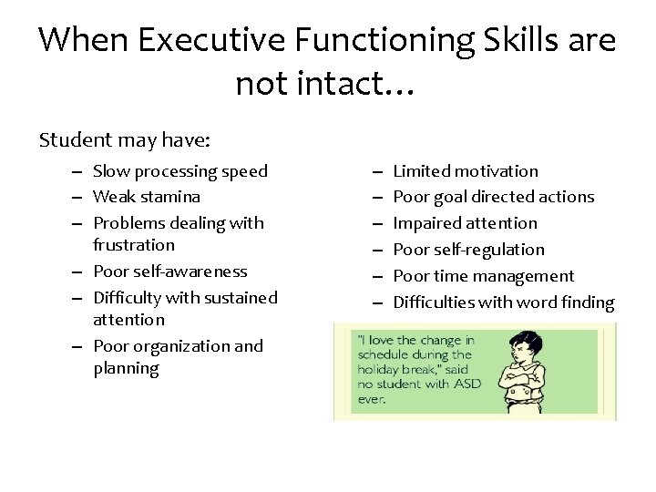 When Executive Functioning Skills are not intact… Student may have: – Slow processing speed