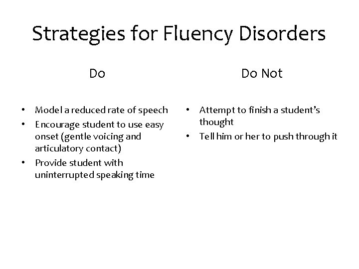 Strategies for Fluency Disorders Do Do Not • Model a reduced rate of speech