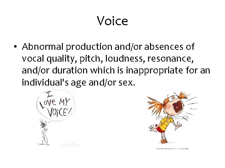 Voice • Abnormal production and/or absences of vocal quality, pitch, loudness, resonance, and/or duration
