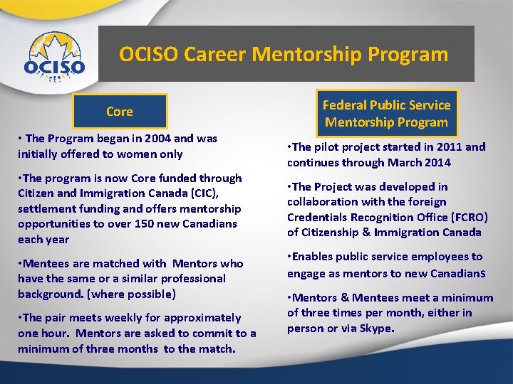 OCISO Career Mentorship Program Core • The Program began in 2004 and was initially