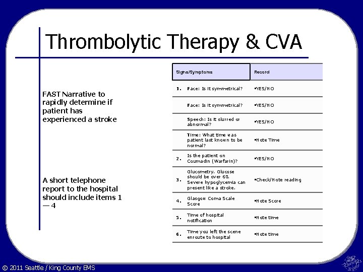 Thrombolytic Therapy & CVA FAST Narrative to rapidly determine if patient has experienced a