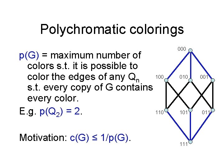 Polychromatic colorings p(G) = maximum number of colors s. t. it is possible to