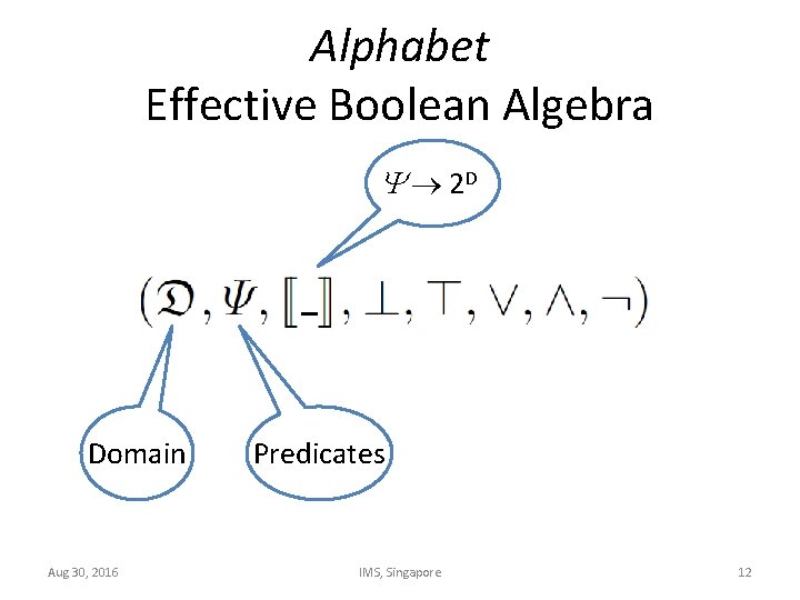 Alphabet Effective Boolean Algebra 2 D Domain Aug 30, 2016 Predicates IMS, Singapore 12