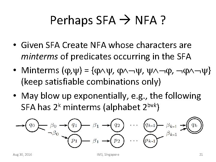 Perhaps SFA NFA ? • Given SFA Create NFA whose characters are minterms of