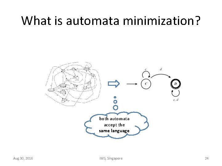 What is automata minimization? both automata accept the same language Aug 30, 2016 IMS,