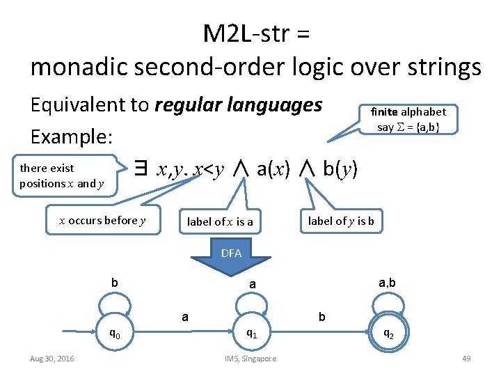 M 2 L-str = monadic second-order logic over strings Equivalent to regular languages Example: