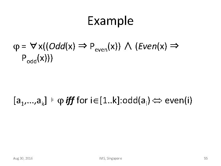 Example = ∀x((Odd(x) ⇒ Peven(x)) ∧ (Even(x) ⇒ Podd(x))) [a 1, . . .