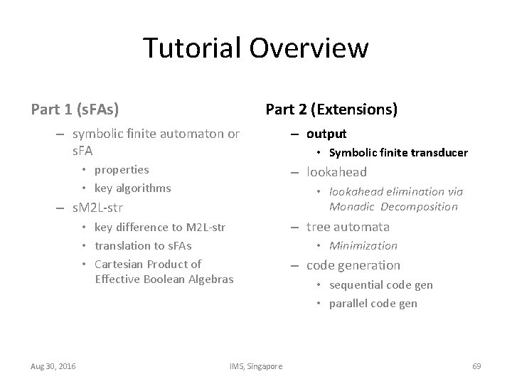 Tutorial Overview Part 1 (s. FAs) Part 2 (Extensions) – symbolic finite automaton or