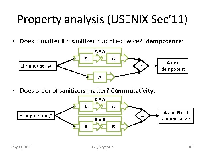 Property analysis (USENIX Sec'11) • Does it matter if a sanitizer is applied twice?