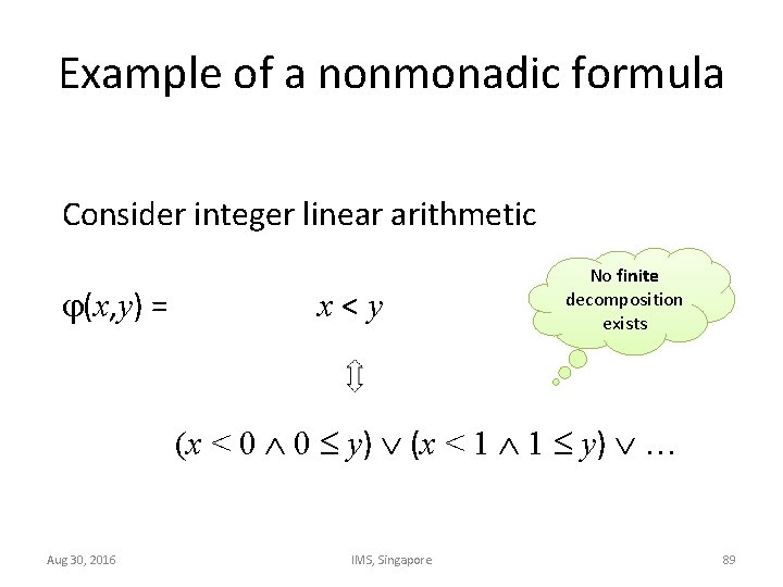 Example of a nonmonadic formula Consider integer linear arithmetic (x, y) = x<y No