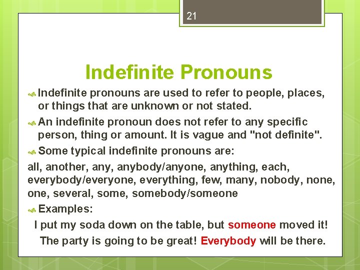21 Indefinite Pronouns Indefinite pronouns are used to refer to people, places, or things