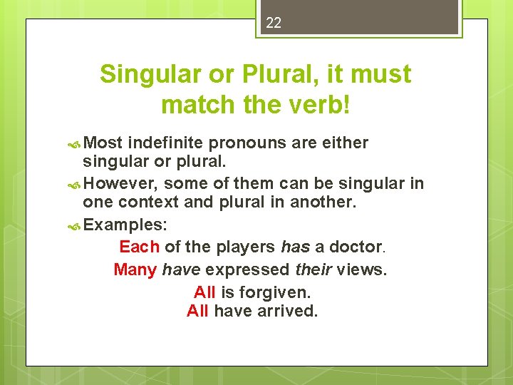 22 Singular or Plural, it must match the verb! Most indefinite pronouns are either