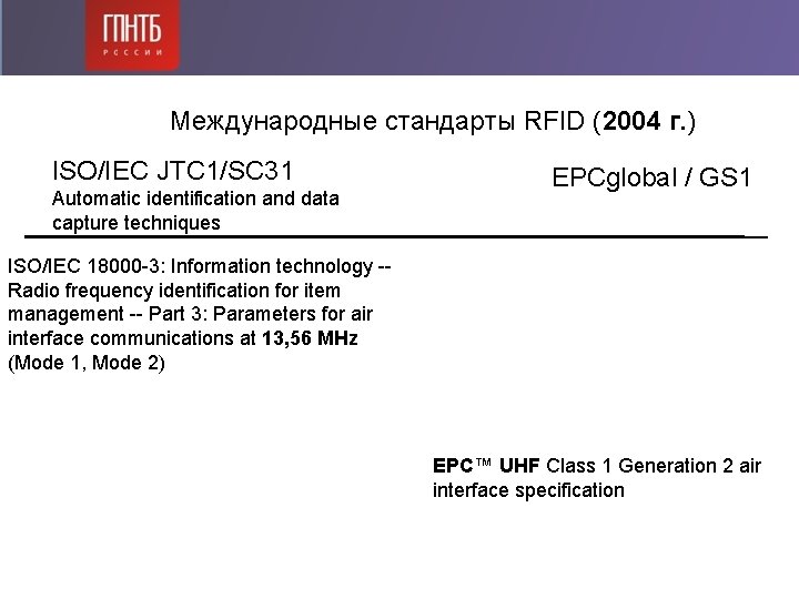 Международные стандарты RFID (2004 г. ) ISO/IEC JTC 1/SC 31 Automatic identification and data Международные стандарты RFID (2004 г. ) ISO/IEC JTC 1/SC 31 Automatic identification and data