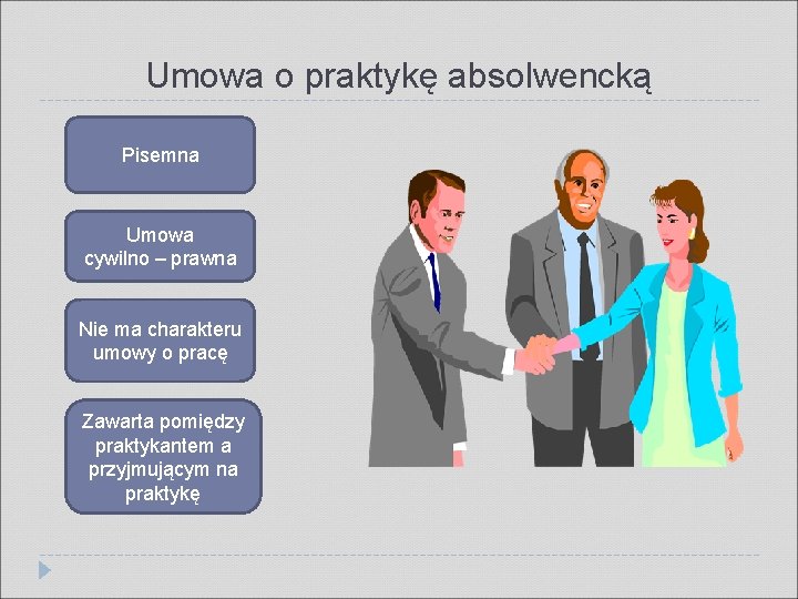 Umowa o praktykę absolwencką Pisemna Umowa cywilno – prawna Nie ma charakteru umowy o
