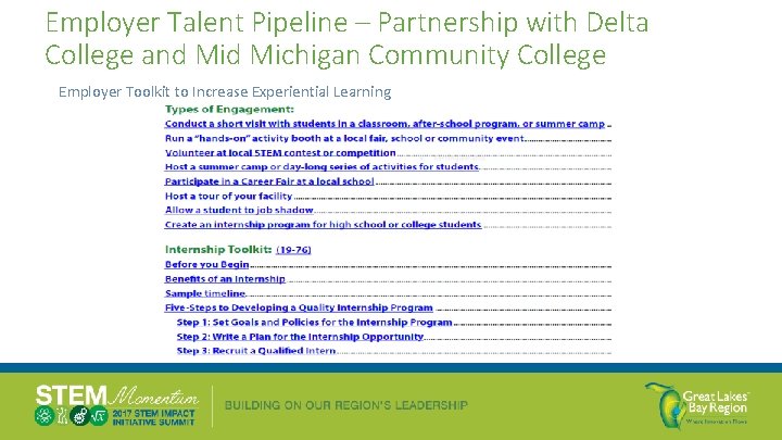 Employer Talent Pipeline – Partnership with Delta College and Michigan Community College Employer Toolkit