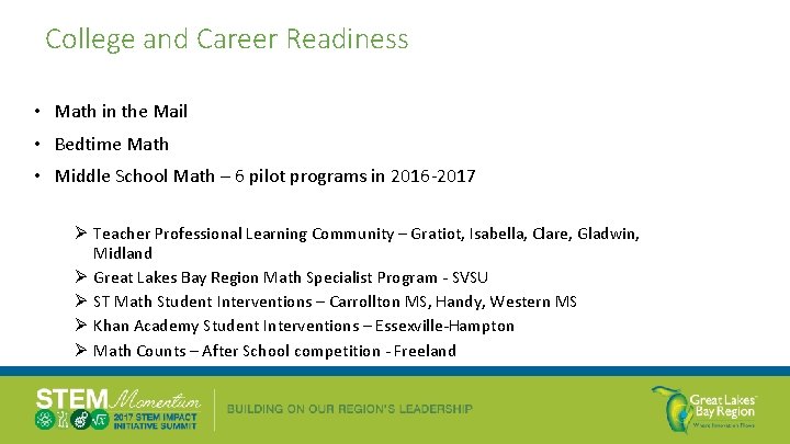 College and Career Readiness • Math in the Mail • Bedtime Math • Middle