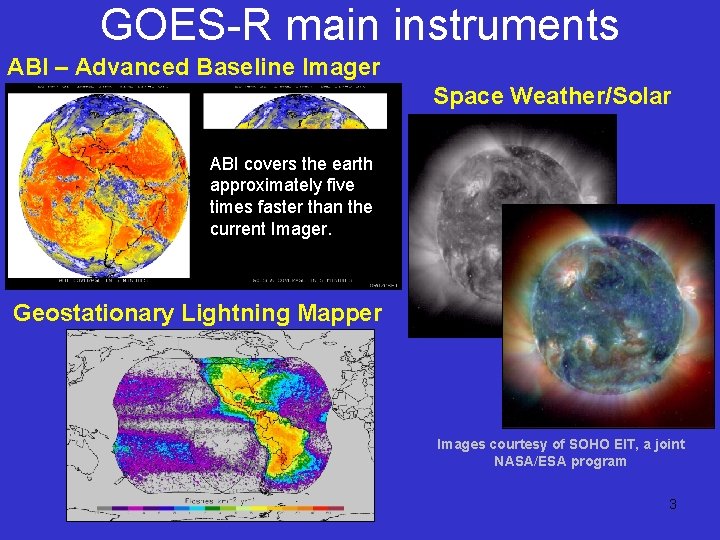 GOES-R main instruments ABI – Advanced Baseline Imager Space Weather/Solar ABI covers the earth