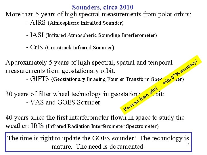 Sounders, circa 2010 More than 5 years of high spectral measurements from polar orbits: