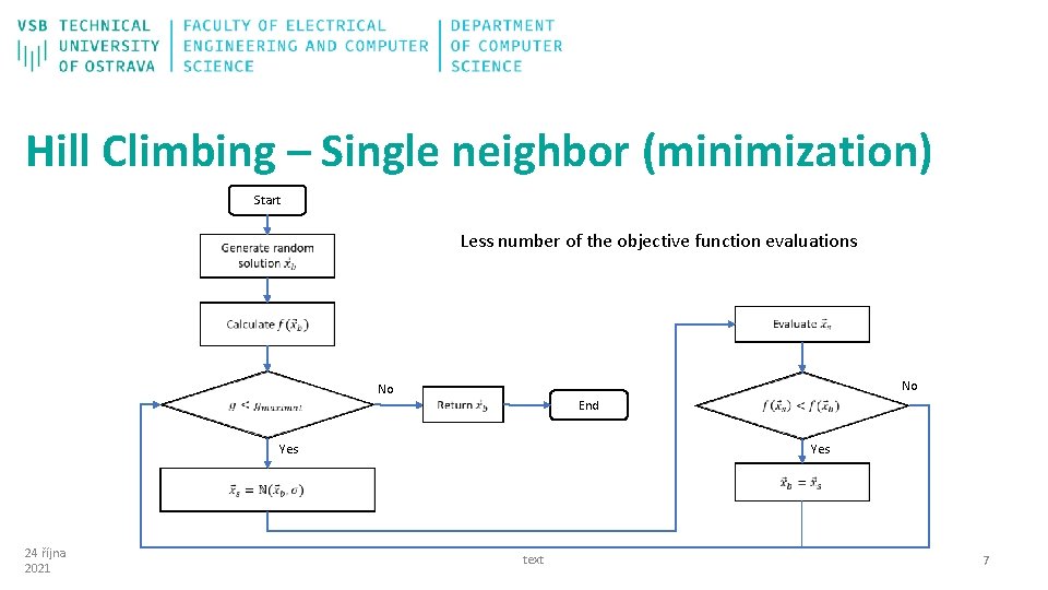 Hill Climbing – Single neighbor (minimization) Start Less number of the objective function evaluations