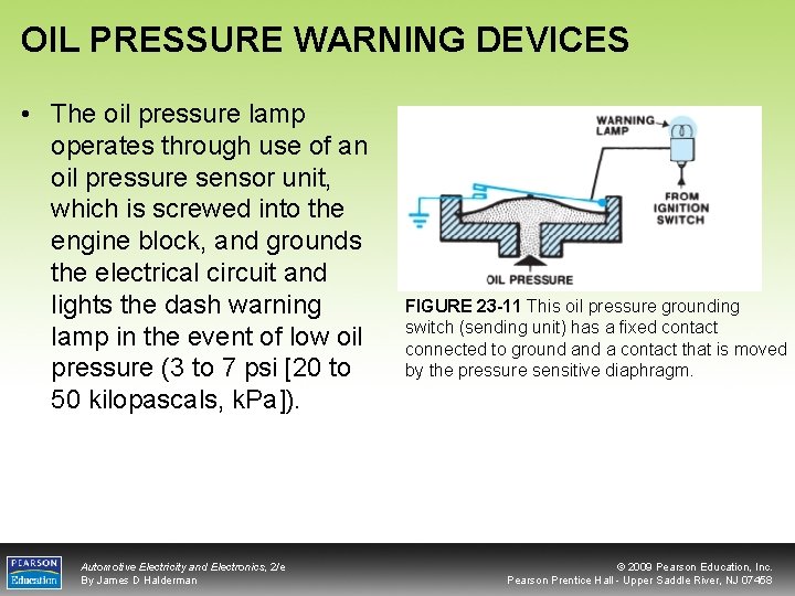 OIL PRESSURE WARNING DEVICES • The oil pressure lamp operates through use of an