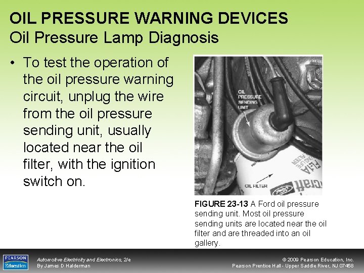 OIL PRESSURE WARNING DEVICES Oil Pressure Lamp Diagnosis • To test the operation of