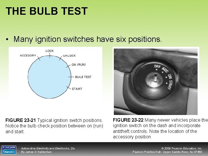 THE BULB TEST • Many ignition switches have six positions. FIGURE 23 -21 Typical