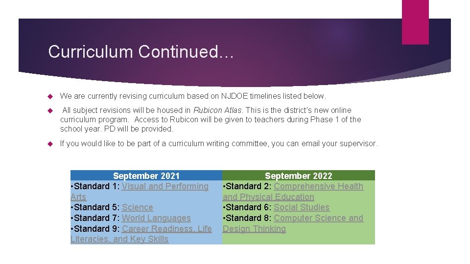 Curriculum Continued… We are currently revising curriculum based on NJDOE timelines listed below. All
