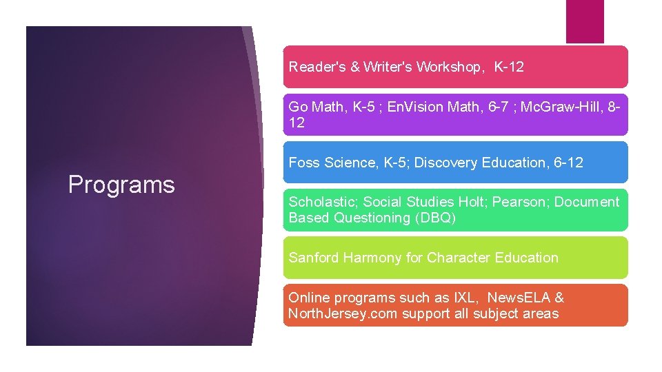 Reader's & Writer's Workshop, K-12 Go Math, K-5 ; En. Vision Math, 6 -7
