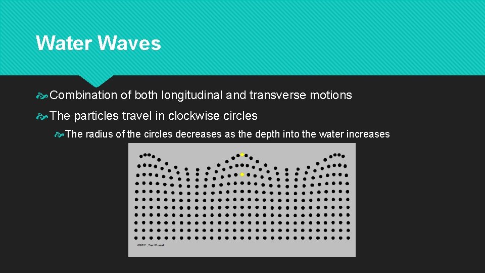 Water Waves Combination of both longitudinal and transverse motions The particles travel in clockwise