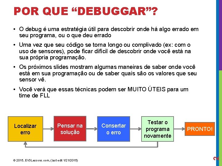 POR QUE “DEBUGGAR”? • O debug é uma estratégia útil para descobrir onde há