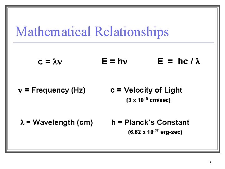 Mathematical Relationships c = = Frequency (Hz) E = hc / c = Velocity