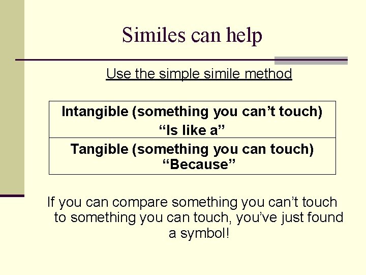 Similes can help Use the simple simile method Intangible (something you can’t touch) “Is