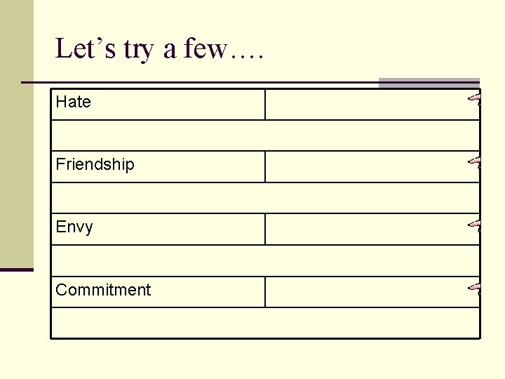 Let’s try a few…. Hate Friendship Envy Commitment 