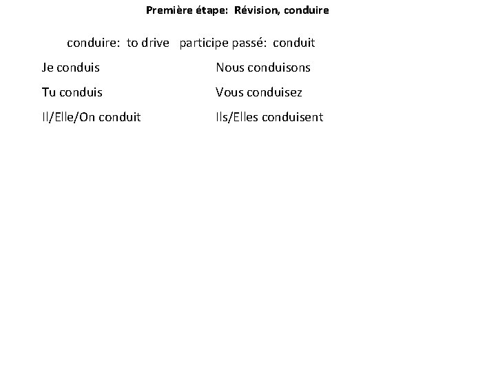 Première étape: Révision, conduire: to drive participe passé: conduit Je conduis Nous conduisons Tu