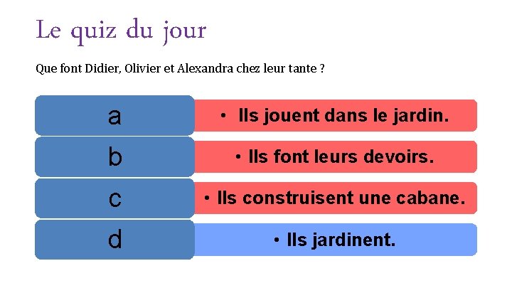 Le quiz du jour Que font Didier, Olivier et Alexandra chez leur tante ?