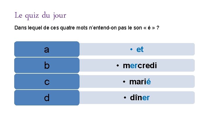 Le quiz du jour Dans lequel de ces quatre mots n’entend-on pas le son