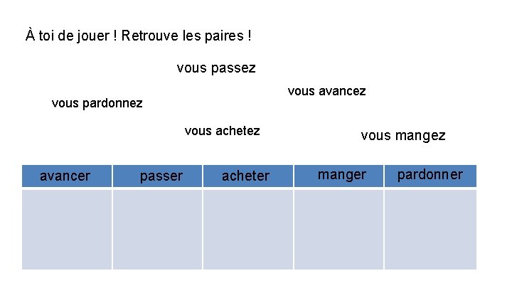 À toi de jouer ! Retrouve les paires ! vous passez vous avancez vous
