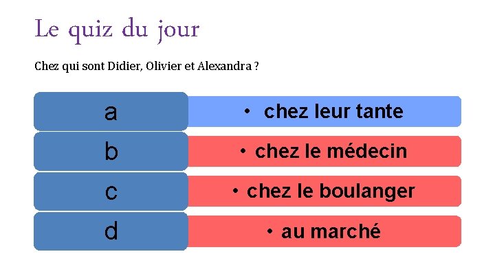 Le quiz du jour Chez qui sont Didier, Olivier et Alexandra ? a •