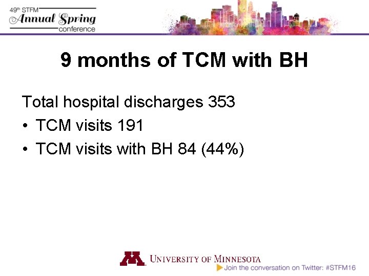 9 months of TCM with BH Total hospital discharges 353 • TCM visits 191