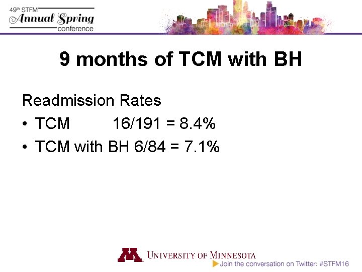 9 months of TCM with BH Readmission Rates • TCM 16/191 = 8. 4%