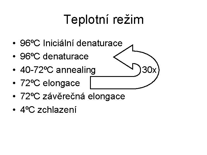 Teplotní režim • • • 96ºC Iniciální denaturace 96ºC denaturace 40 -72ºC annealing 72ºC