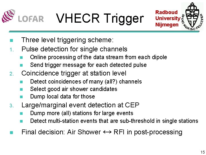 VHECR Trigger n 1. Three level triggering scheme: Pulse detection for single channels n