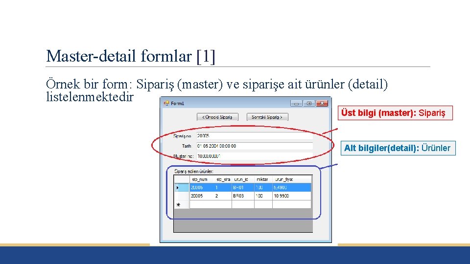 Master-detail formlar [1] Örnek bir form: Sipariş (master) ve siparişe ait ürünler (detail) listelenmektedir