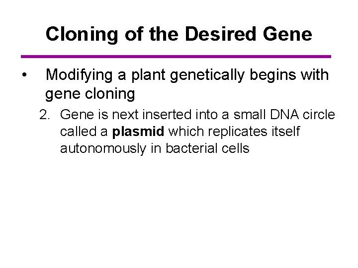 Cloning of the Desired Gene • Modifying a plant genetically begins with gene cloning