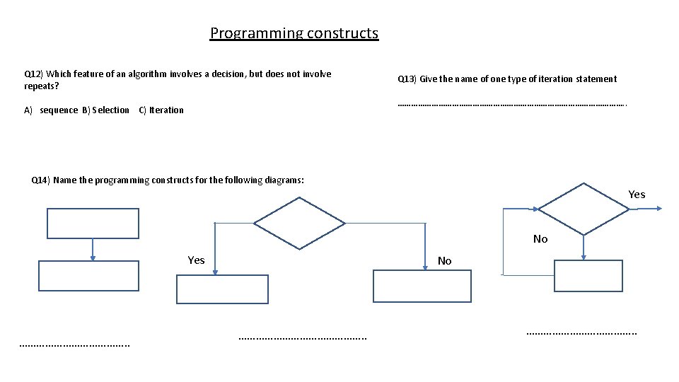 Programming constructs Q 12) Which feature of an algorithm involves a decision, but does Programming constructs Q 12) Which feature of an algorithm involves a decision, but does